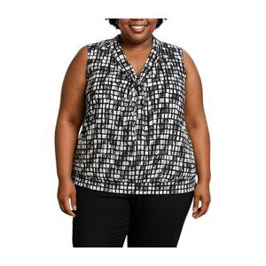 Dots Top Size 2X Black White Patterned Tie Neck Sleeveless Banded Hem